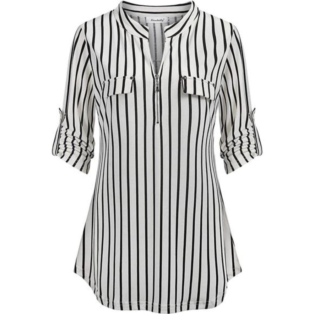 Women's 3/4 Sleeve Plaid Shirts Zip Floral Casual Tunic Blouse Tops